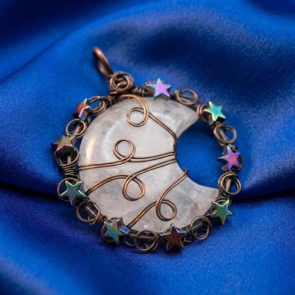 Rose Quartz Crescent Moon Wire Wrapped Pendant 2.25"